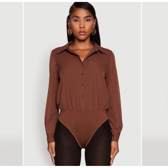 Daisy Tops - Daisy Collared Button-Front Thong Bodysuit – Mocha – NWT – XL